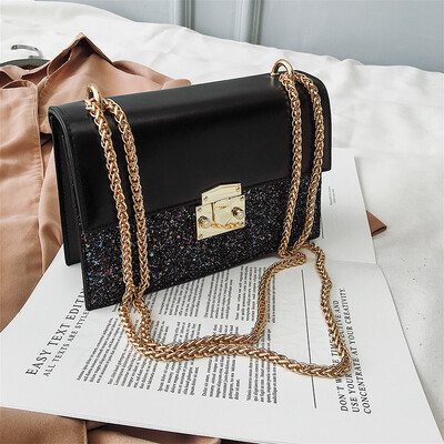 

Sequin Small Square bag Lock Flip bag 2019 Fashion New Quality PU Leather Womens Designer Handbag Chain Shoulder Messenger Bag