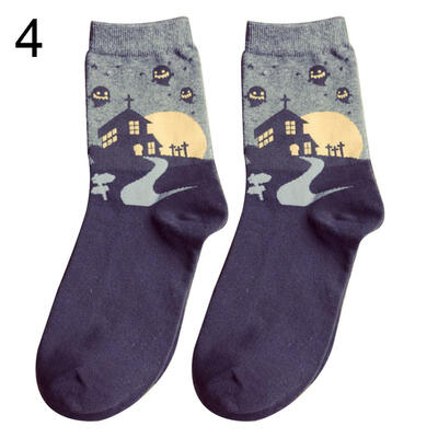 

Halloween Party Haunted House Print Women Breathable Cotton Middle Tube Socks