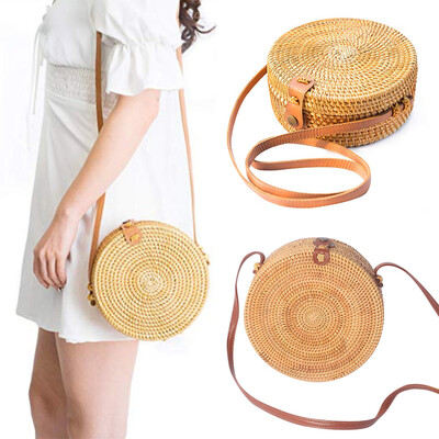 

Tailored Circle Handwoven Bali Round Retro Rattan Straw Beach Bag Crossbody