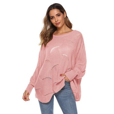 

Fashion New Round Neck Long-sleeved Solid Color Openwork Loose Sweater