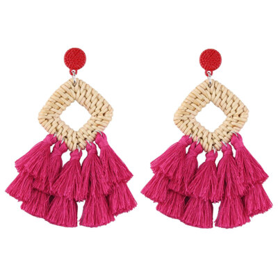 

Boho Women Hollow Rhombus Rattan Woven Tassel Statement Dangle Stud Earrings