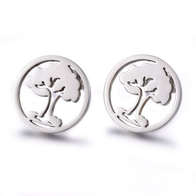 

304 Stainless Steel Stud Earrings Flat Round with Tree of Life Stainless Steel Color 15x12mm Pin 08mm