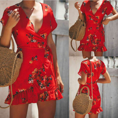

Fashion Women Printing Wrap Dresses Short Sleeve Ladies Deep V-neck Ruffles Mini