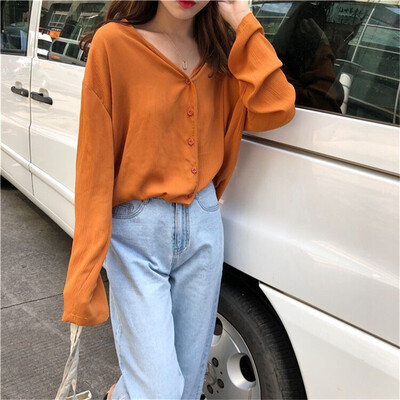 

Starmoon Fashion Large Size Loose V-Neck Long-Sleeved Shirt Womens Shirt Chiffon Shirt