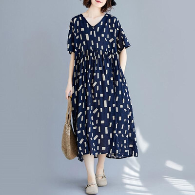 

Natioanl Women Dress Multicolor Floral Leaves Stripes Geometric Print V Neckline Half Sleeve High Waist Loose One-Piece