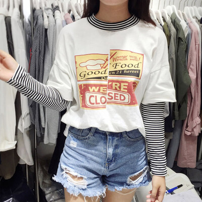

Sports Tops Women Round Collar Summer Fake Two-piece Striped Letter Loose Long Sleeve Casual Simple Wild T-Shirt