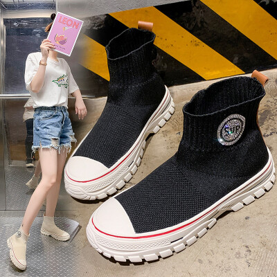 

Breathable socks shoes womens thick-soled white shoes Korean version of high-top flying woven spo