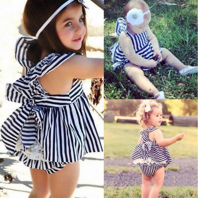 

Navy Baby Girls Summer Sunsuit Striped Bowknot Backless Dress Briefs Outfits Set