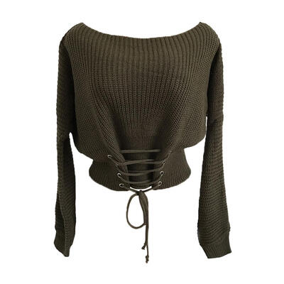 

Autumn Lace Up Women Knitted Sweaters Pullovers Solid Waist Bandage Tops