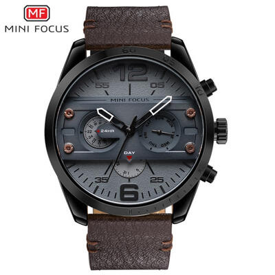 

MINI FOCUS Sports Men Watches Fashion Military Waterproof Quartz Wristwatch 24 Hour Clock With Leather Strap MF0068G
