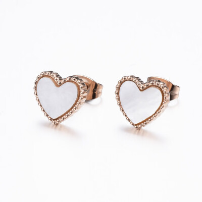 

304 Stainless Steel Stud Earrings with Shell Heart Rose Gold 9x10x2mm Pin 08mm