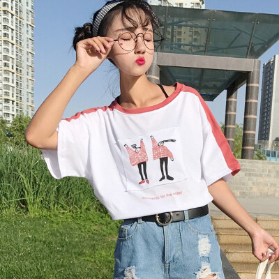 

Summer Tops Women Round Neck Color Block Cartoon Character Print Patch Half Sleeve Loose T-Shirt camisetas verano mujer