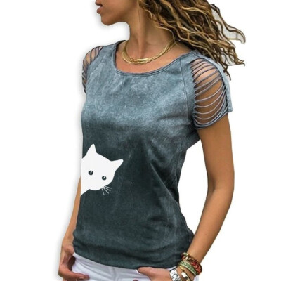 

Starmoon Womens Sexy O-Neck Printing Cut Out Crop Short Sleeve T-Shirt Tops