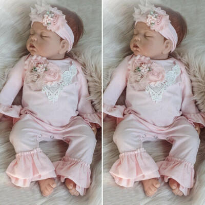 

Sweet Infant Baby Girl Clothes Lace Flared Romper Jumpsuit 2PCS Outfit Set 0-24M