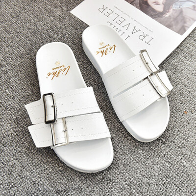 

Ins slippers women wear summer square first word cool drag Korean version 100 lap belt buckle flat bottom sandals