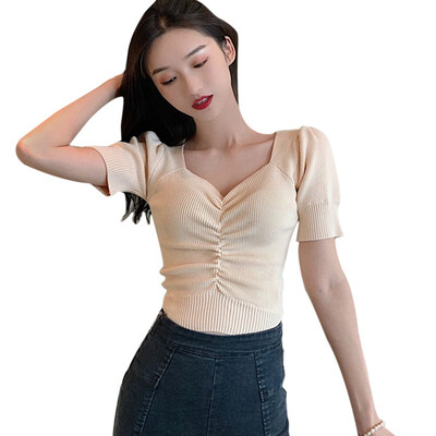 

Summer Women T Shirt Solid Color Short Sleeve Casual Knitted T-Shirt Sexy V Neck Puff Sleeve Women Tshirt camiseta mujer