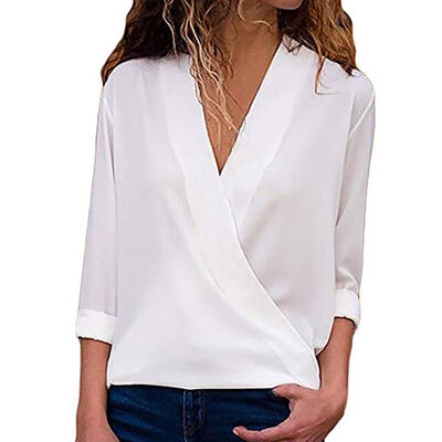

2019 Hot New European And American Women Pure Color Chiffon V-neck Long-sleeved Shirt Womens Shirt