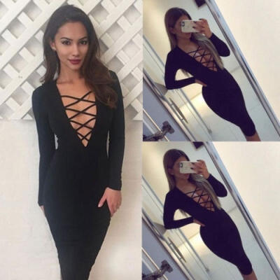 

New Women Fashion Long Sleeve Bandage Lace Up Cocktail Evening Casual Midi Dress