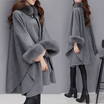 

Womens Winter Warm Fur Overcoat Solid Long Sleeves High Neck Loose Cloak Coat