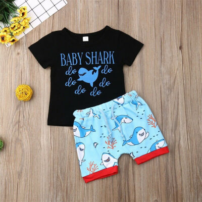 

2CPS Summer Short Sleeve Toddler Boy Baby Shark Do Do Outfits Top ShirtShort Pants Clothes Set