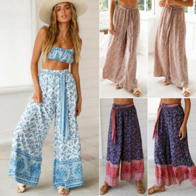 

Womens Palazzo Floral Wide Leg Pants High Waist Loose Culottes Long Trousers AU