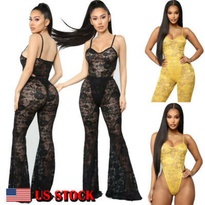 

US Sexy Women Two-piece Bodysuit Romper Set Off Shoulder Crop Top Blouse Pants