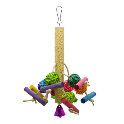 

Parrot Toy Rattan Ball Wood Blocks Bird Chew Bite Hanging Cage Toys wBell