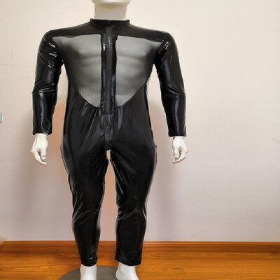 

Men Wet Look Long Sleeve PU Leather Bodysuit Mesh Sheer Jumpsuit Night Clubwear