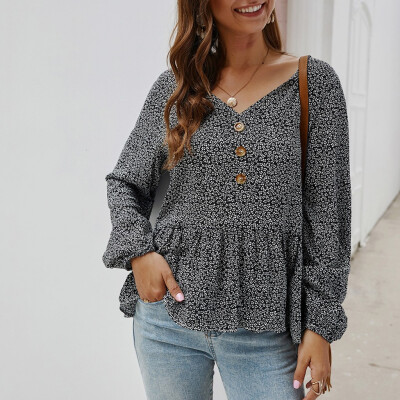 

Tailored Women Fashion Floral Print Long Sleeve V-Neck Button Casual Top T-Shirts Blouse