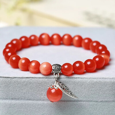 

10 Colors Cat Eye Stone Beads Charm Bracelets & Bangles Handmade Leaf Pendant Bracelet Crystal Jewelry Gifts