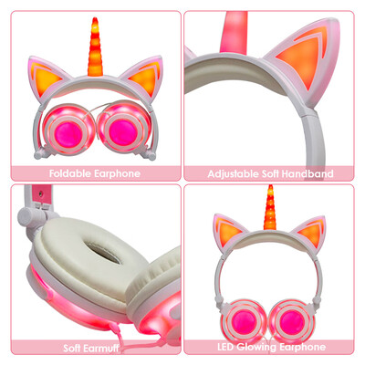 

LX-UR107 Foldable Cat Ear Unicorn Headphone Flashing LED Lights for PC Laptop 35mm AUX Rechargeable Over-ear Headset Adjustable H