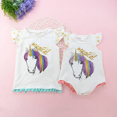 

Family Matching Outfit Matching Cotton Unicorn Print Clothes Big Sister T-shirt Vest Little Sister Romper Outfits Set Children