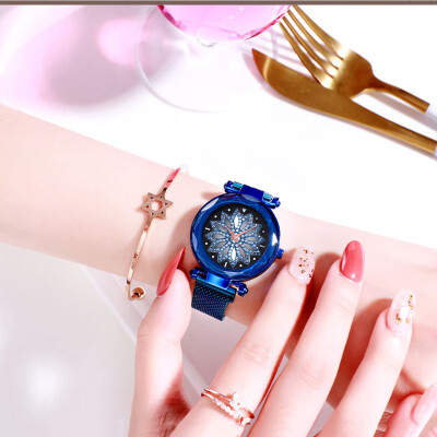 

Hot Sale 2019 New Fashion Brand Rosy Gold Women Mesh Magnet Buckle Starry Sky Watch Women Flower Quartz Watches Relogio Feminino