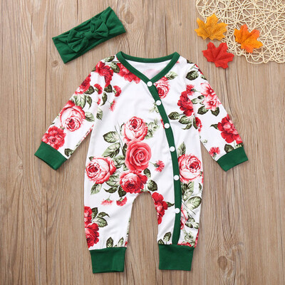 

Newborn Baby Girls Long Sleeves Flowers Print RomperHeadband Sets Kids Clothes