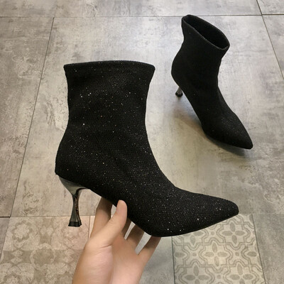 

Short-booted womens spring&autumn single-boot British style retro sequined pointed stiletto heels Joker handsome Martins boot