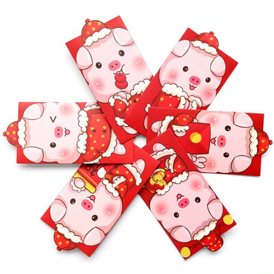 

〖Follure〗6pcsSet 2019 New Years Pig Year Cartoon Red Packets Hong Bao Lucky Money Bags