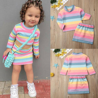 

2PCS Toddler Kids Baby Girl Color Stripe T-shirt TopsSkirt Dress Outfit Clothes