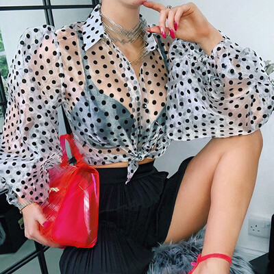 

Hot Women See-through Sheer Mesh Dot Blouse Puff Long Sleeve T-shirt Tops Shirts