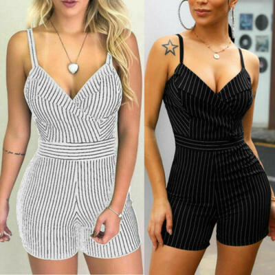 

Womens Striped Jumpsuit Shorts Romper Tie Waist Playsuit Holiday Beach Sundress