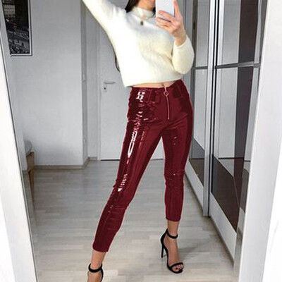

Women Sexy Slim Trousers Wet Look Leggings PU Leather Shiny Tight Skinny Pants