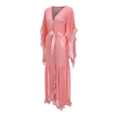 

Toponeto Women Sexy Mesh Plush Splice Long Robe Bathrobe Lingerie Sleepwear Belt Pajamas
