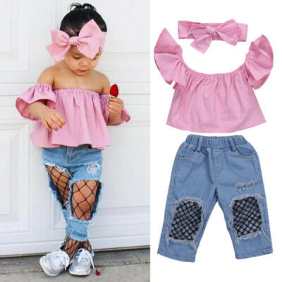 

Toddler Kid Baby Girl Outfits Clothes T-shirt Tops Pants Jeans Headband 3PCS Set