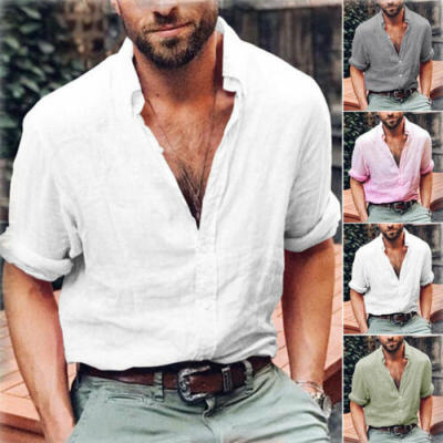 

Summer Mens Cotton Blend T Shirt Henley Tops Casual Loose V Neck Long Sleeve Tee