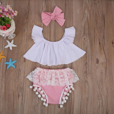 

UK Toddler Baby Girls Ruffle TopsLace ShortsHeadband 3Pcs Outfits Set Clothes