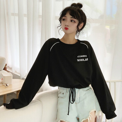 

Autumn Women Sexy Long Sleeve Letter Embroidery O-Neck T Shirt Crop Tops Sweatshirt