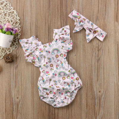 

USA Toddler Baby Girls Unicorn Romper Bodysuit Jumpsuit Headband Outfits Clothes