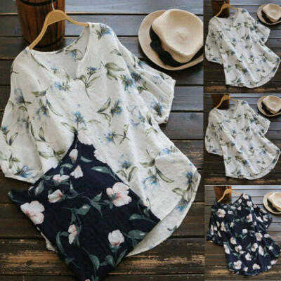 

Summer Women V-Neck 34 Sleeve T-Shirt Floral Printed Loose Pullover Tops Tee