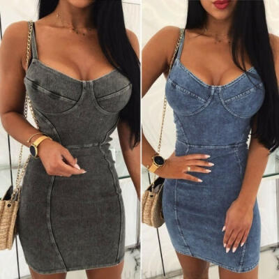 

Womens Denim Slim Bandage Bodycon Dress Sleeveless Evening Party Cocktail Club Short Mini Dresses