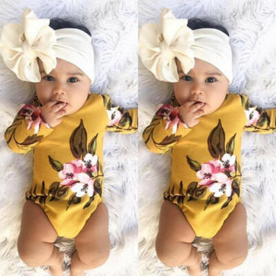 

US Stock Infant Baby Girl Flower Print Romper Bodysuit Jumpsuit Headband Clothes