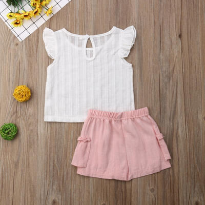 

2PCS Newborn Baby Girl Ruffle Sleeve Tops Pocket Shorts Leisure Set